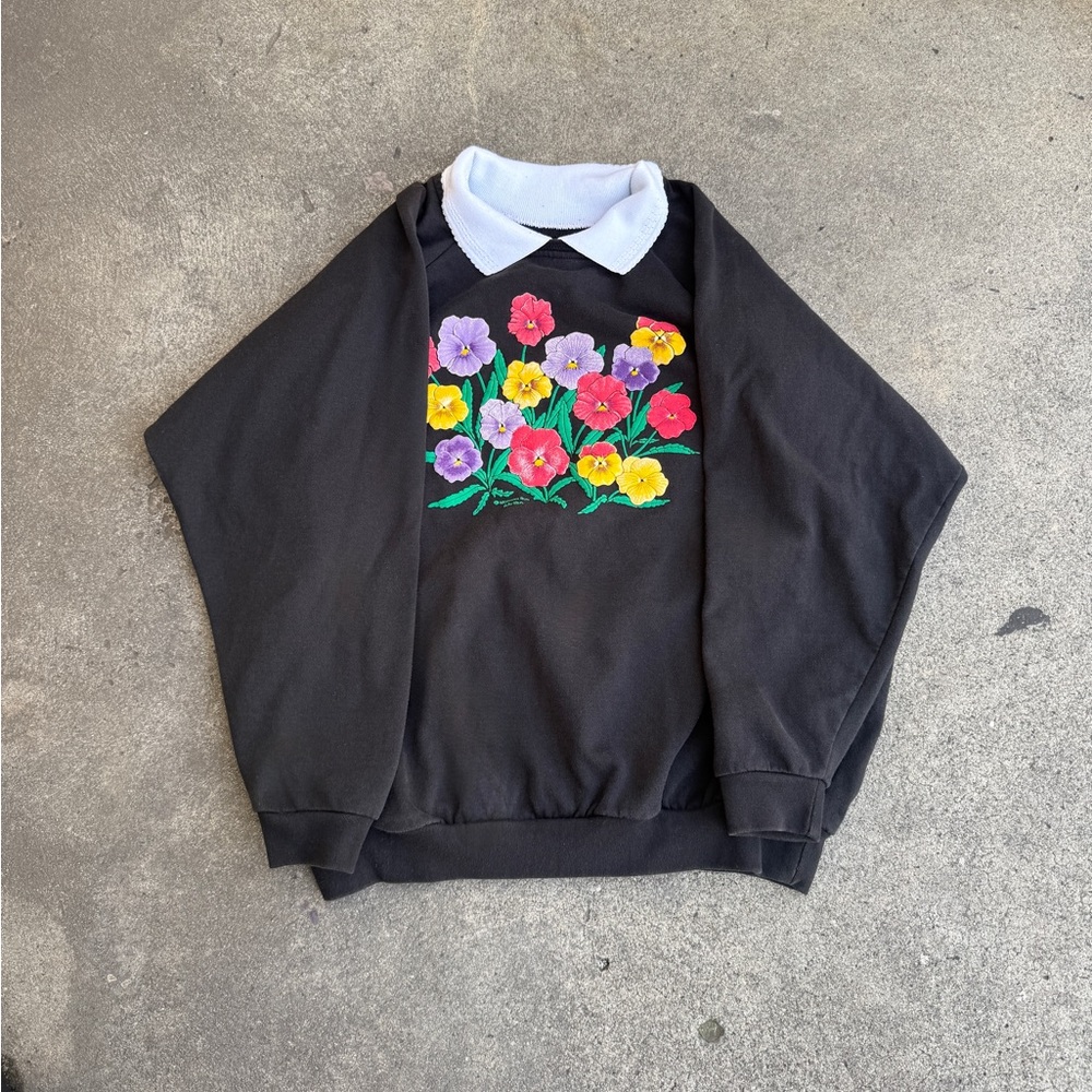 Vintage Morning Sun Floral Embroidered Black Sweatshirt Size 3XL